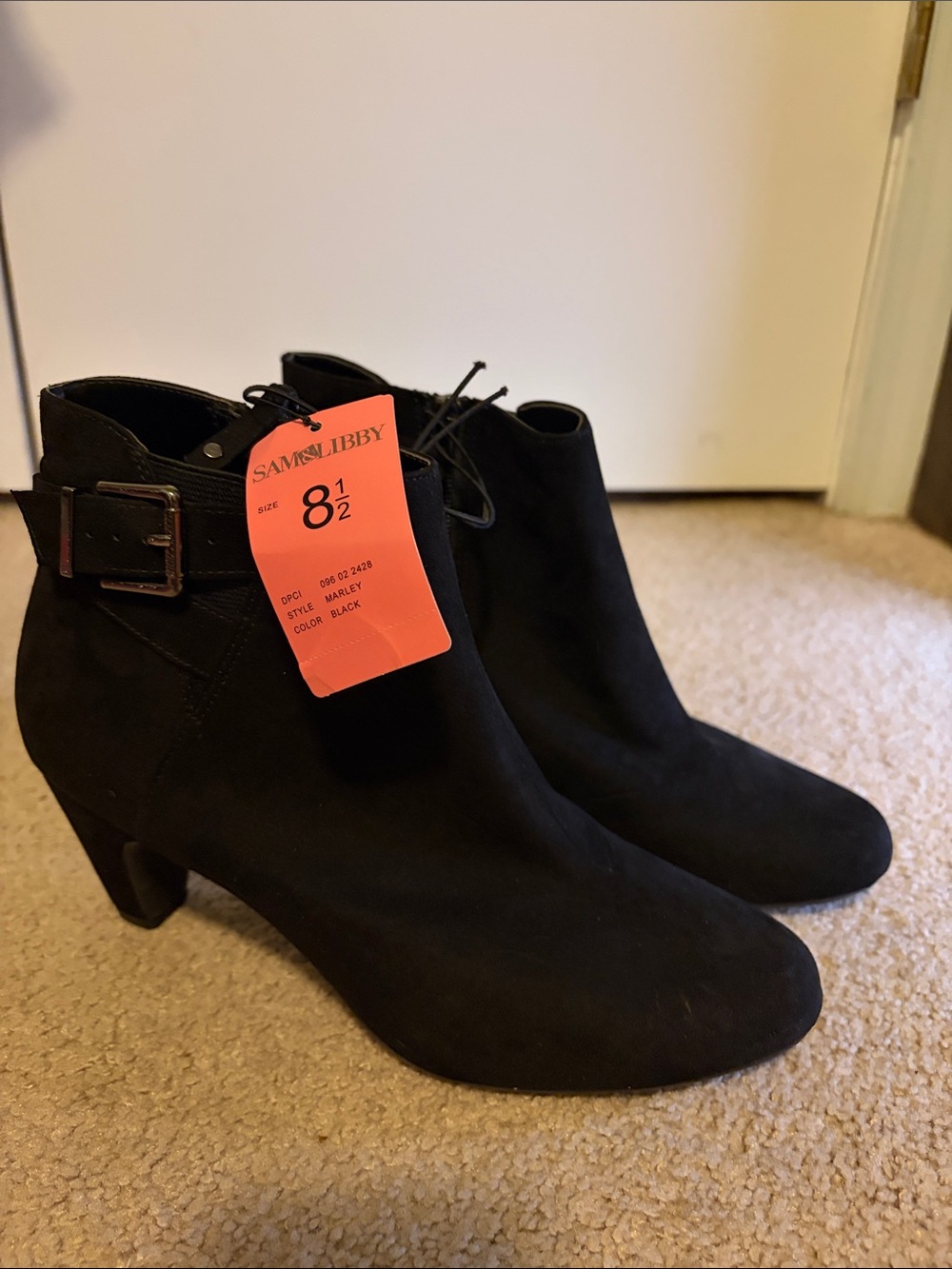 Sam & Libby Black Faux Suede Wedge Ankle Booties with Zipper and Buckle Accent